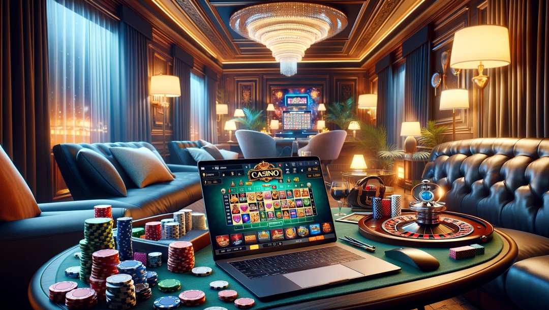 Home gaming setup with a vibrant online casino interface on a laptop