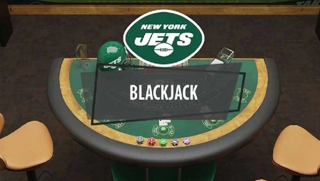 Top view of the New York Jets Blackjack table shaped like a semicircle, with chips and cards.