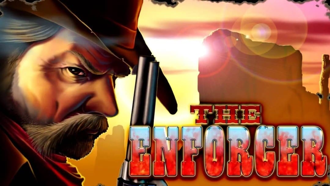 The Enforcer online slot game loading screen, featuring the game logo, a cowboy holding a gun, and mountains in a desert setting in the background.