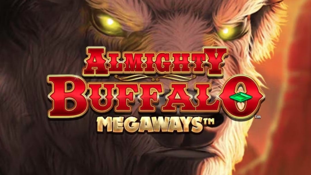 Almighty Buffalo Megaways online slot logo in red, gold and green. A large brown buffalo with yellow eyes stands boldly behind the logo with an orange and yellow background.