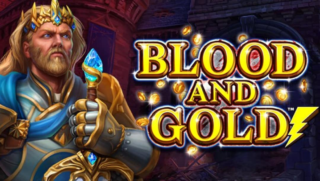 Blood and Gold online slot game loading screen, featuring the game logo, and a King in blue and gold armor.