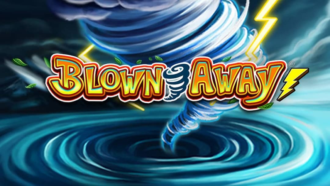 The title screen for the Blown Away slot game, featuring the game logo on top of an animated depiction of a tornado and whirlpool with lightning in the cloudy sky.