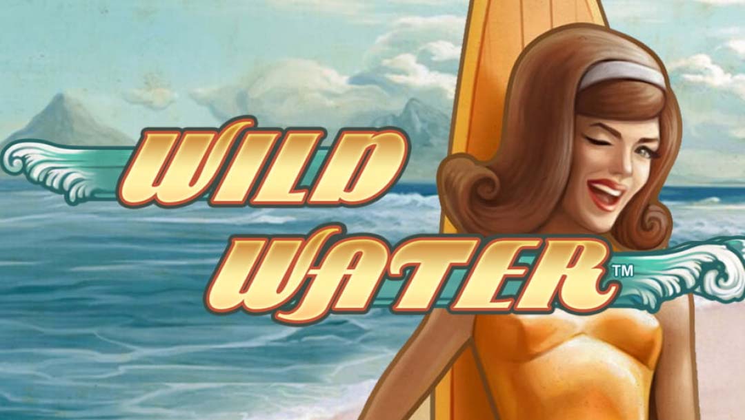 Wild Water online slot game loading screen, featuring the game logo, a retro female surfer, and a beach in the background.