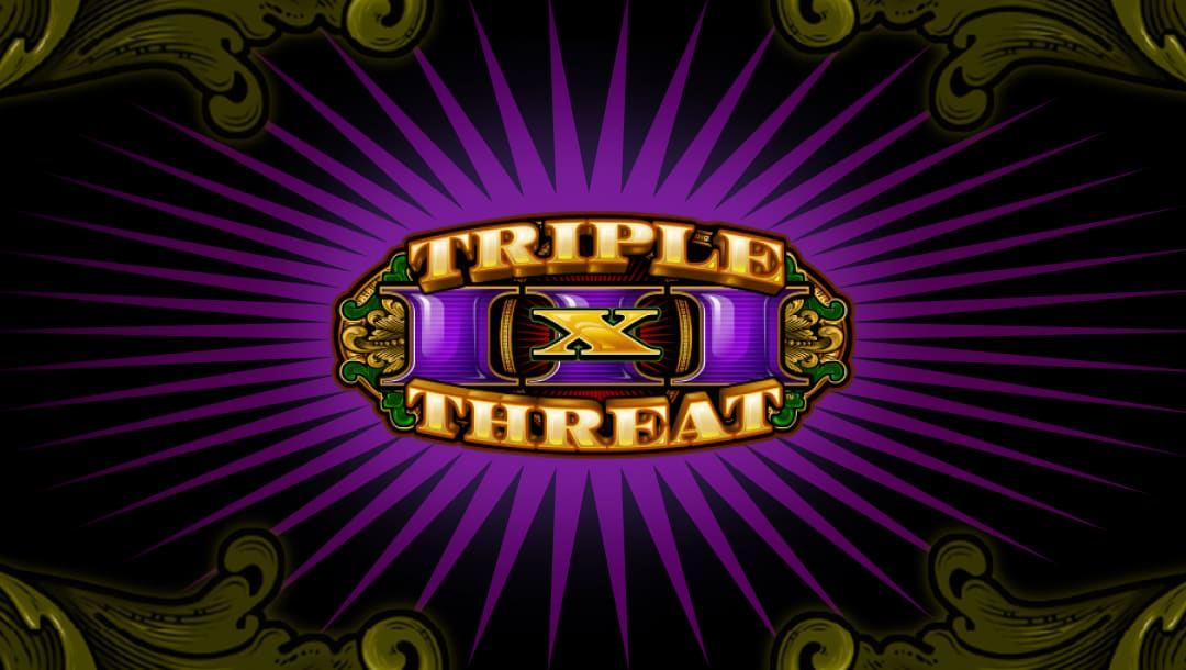 Triple Threat online casino game loading screen, featuring the game logo on a purple and black background.