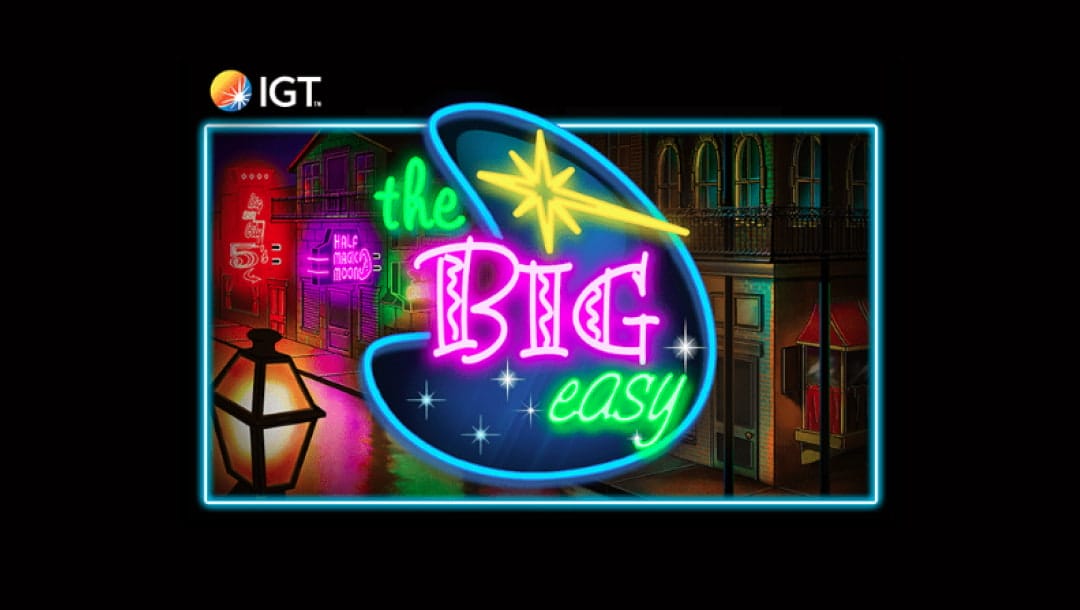 The Big Easy online casino game loading screen, showing the game logo, featuring Bourbon Street in the background.