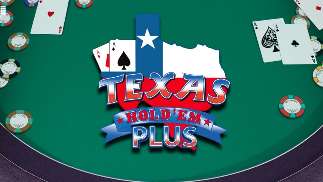 Texas Hold’em Plus online casino game loading screen, showing the game logo, on a casino table background.