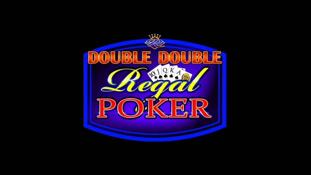 The title screen for Double Double Regal Poker, featuring the game title in bold red and yellow lettering on a blue banner against a black background.