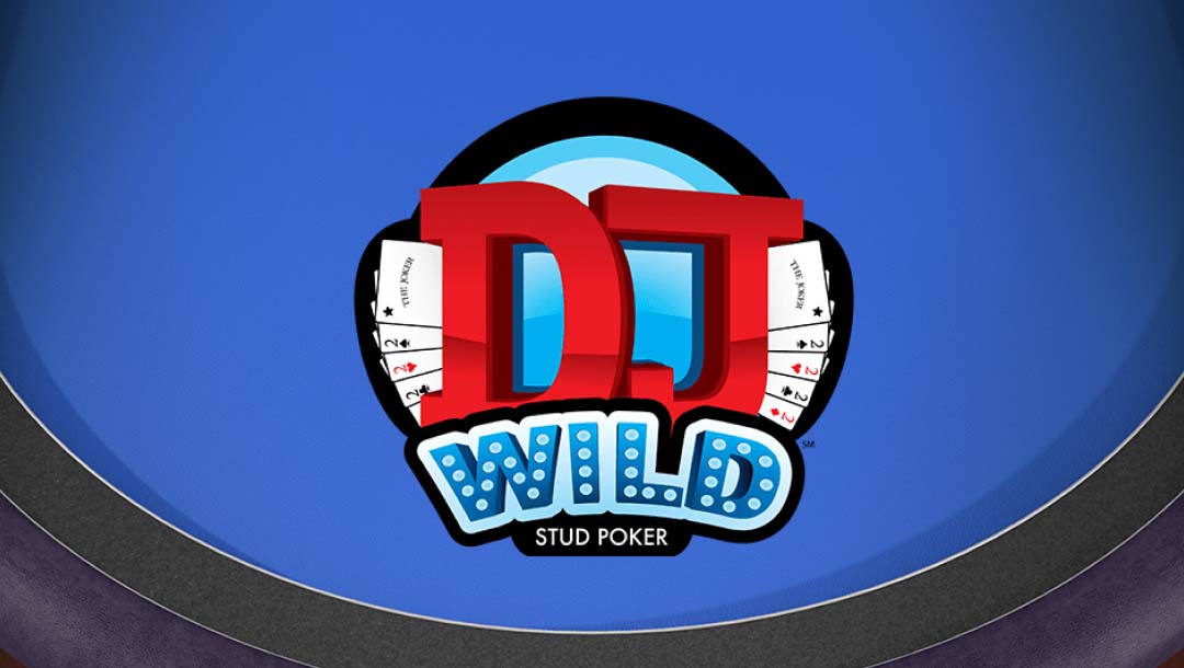 DJ Wild Stud Poker online casino game loading screen, featuring the game logo on a blue casino table.