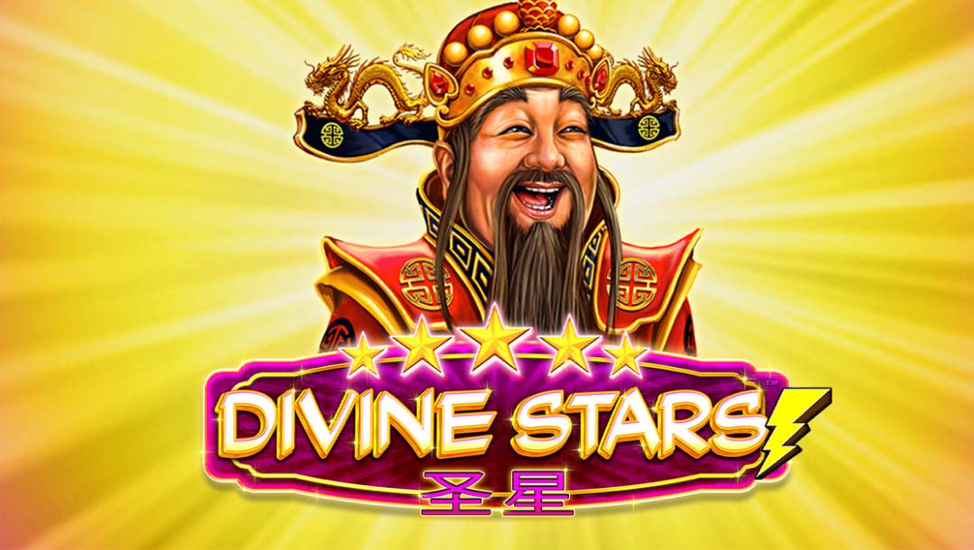 Divine Stars online slot title with an Asian man smiling while wearing a gold and read crown on his head. The background is yellow.