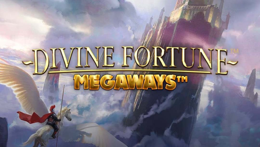 Divine Fortune Megaways online slot game loading screen, featuring the game logo, a soldier riding on a Pegasus, and a temple on top of a mountain.