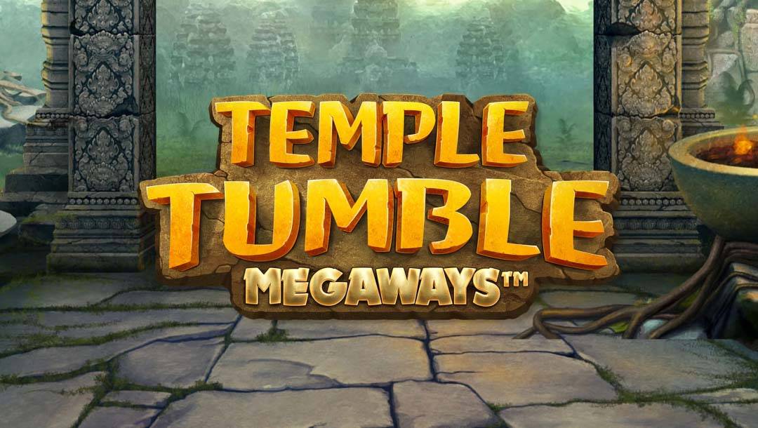 A screenshot of the Temple Tumble Megaways title screen. The game’s title is set between two pillars in the ruins of an ancient building. On the right is a large stone bowl with burning embers.