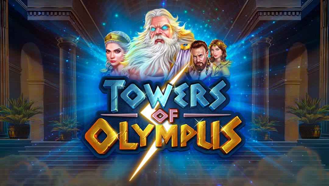Towers of Olympus online slot logo in blue, silver, red and gold. The Greek characters are seen above the logo with a blue galaxy of stars surrounding them. The background shows the inside of a Greek palace with a staircase, pot plants and pillars.