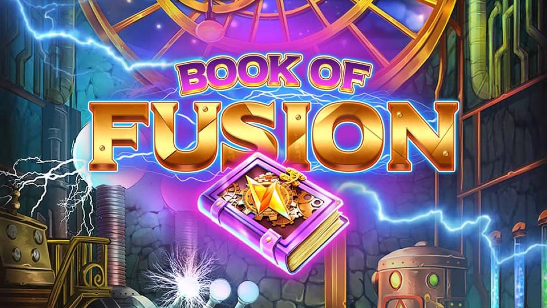A screenshot of the Book of Fusion title screen. The setting is a scientist’s lab filled with pipes and storage tanks and strange electrical devices. The title “Book of Fusion” is displayed behind a bright pink book with gears and levers and a lightning bolt on its cover.