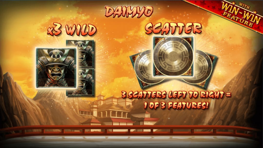Daimyo online slot showing the x3 wild feature and scatter feature against a brown and orange hue background with mountains and an Asian-style house.