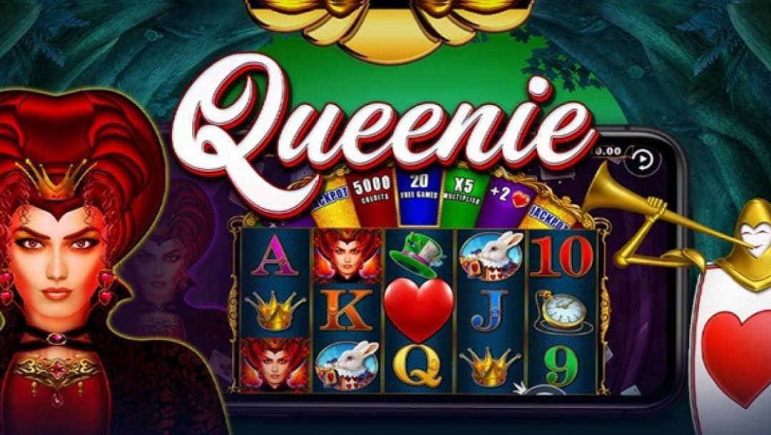 A banner image for the Queenie slot game, featuring the game’s title character in front of a giant smartphone displaying the game, with a playing card character blowing a trumpet to the right of the image.