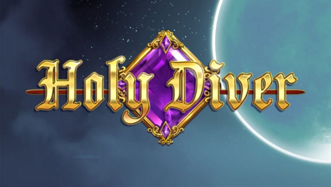 Holy Diver online slot game loading screen, featuring the game logo, and a spacey background.