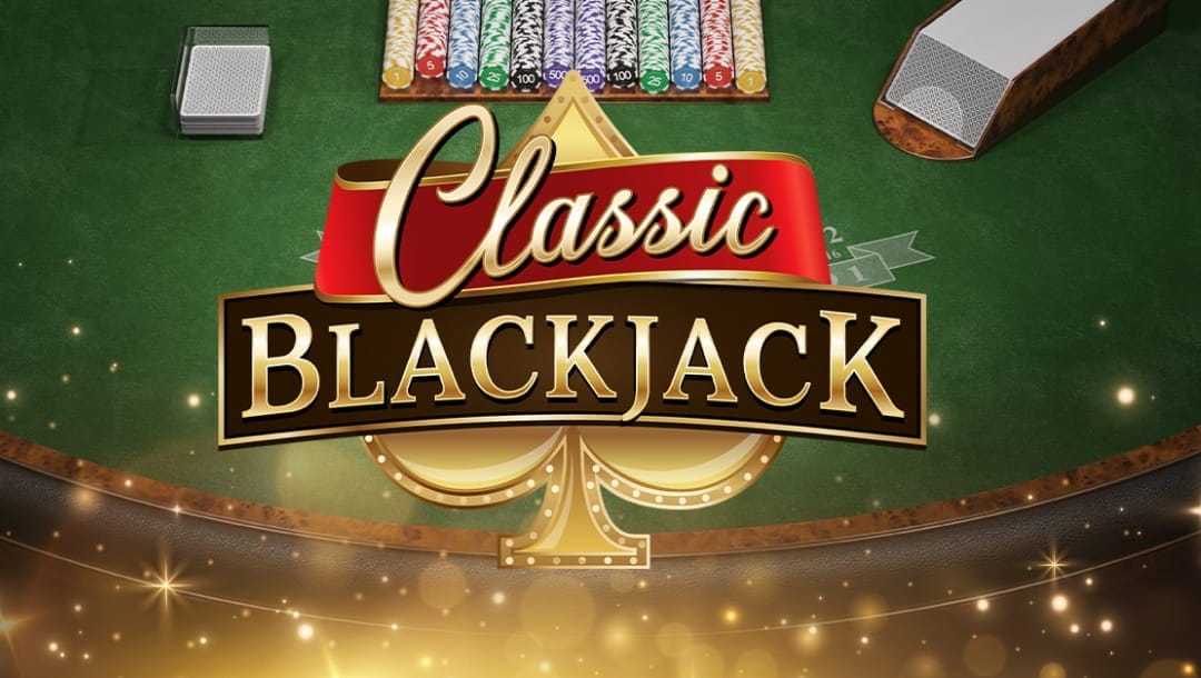 Blackjack online casino game loading screen, featuring the game logo, and a blackjack table in the background.