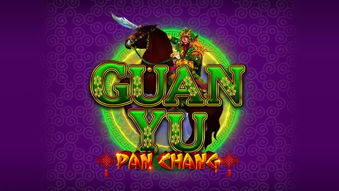 Guan Yu online slot game loading screen, featuring the game logo, on a purple background.
