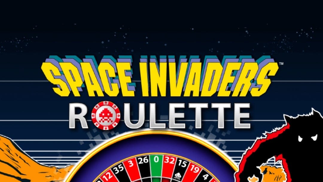 Space Invaders Roulette title in yellow, red and white. There is a roulette table at the bottom of the title with a black-and-white Space Invader character against a dark background.