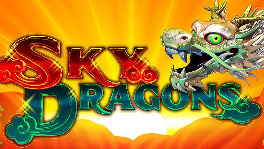 Sky Dragons online slot logo title in red, green and turquoise. A silver dragon is above the logo, with an orange and yellow background showing a sunset.