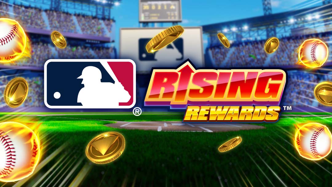 The title screen for MLB Rising Rewards. The MLB logo and the game logo are set against a baseball stadium backdrop, surrounded by flying gold coins and baseballs on fire.