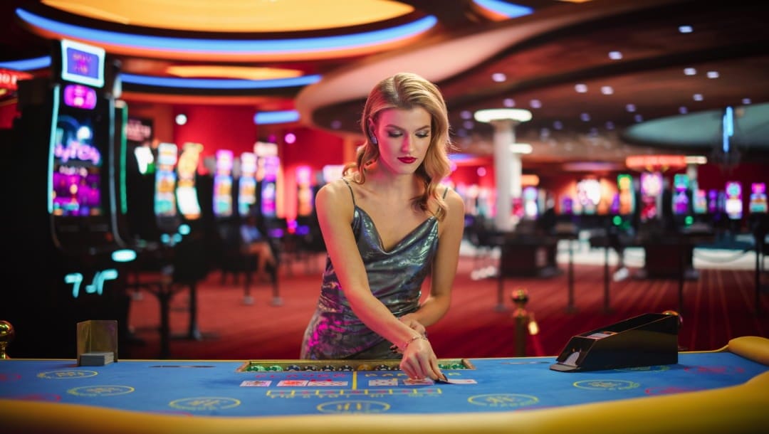 A casino dealer places playing cards on a blue baccarat casino table. The background shows a casino floor with slot machines.