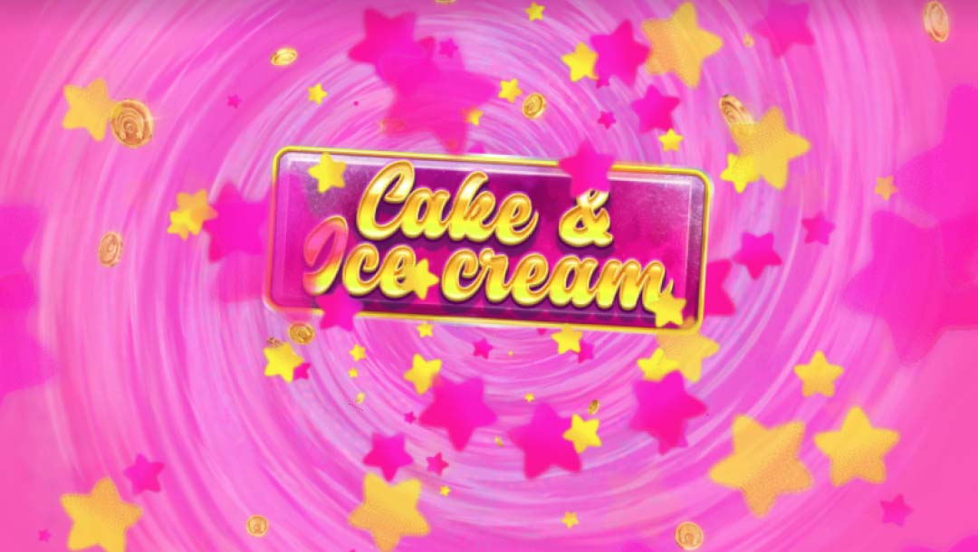 Cake & Ice Cream online slot logo in gold. The background depicts a pink swirl design with gold and pink stars.