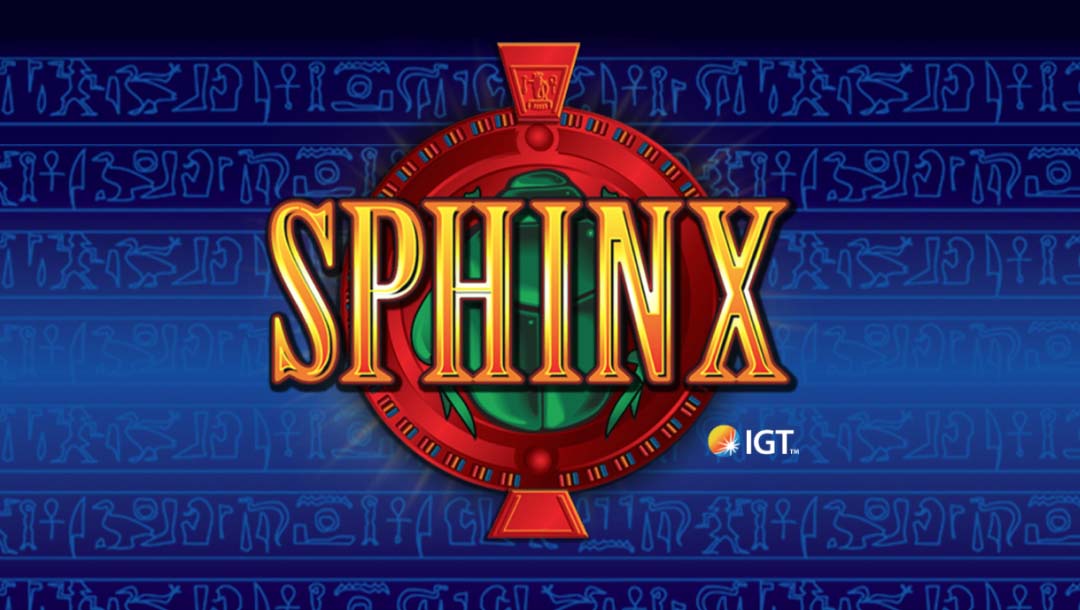 Screenshot of the Sphinx online slot game loading screen, and the game logo, on a blue background with hieroglyphics.