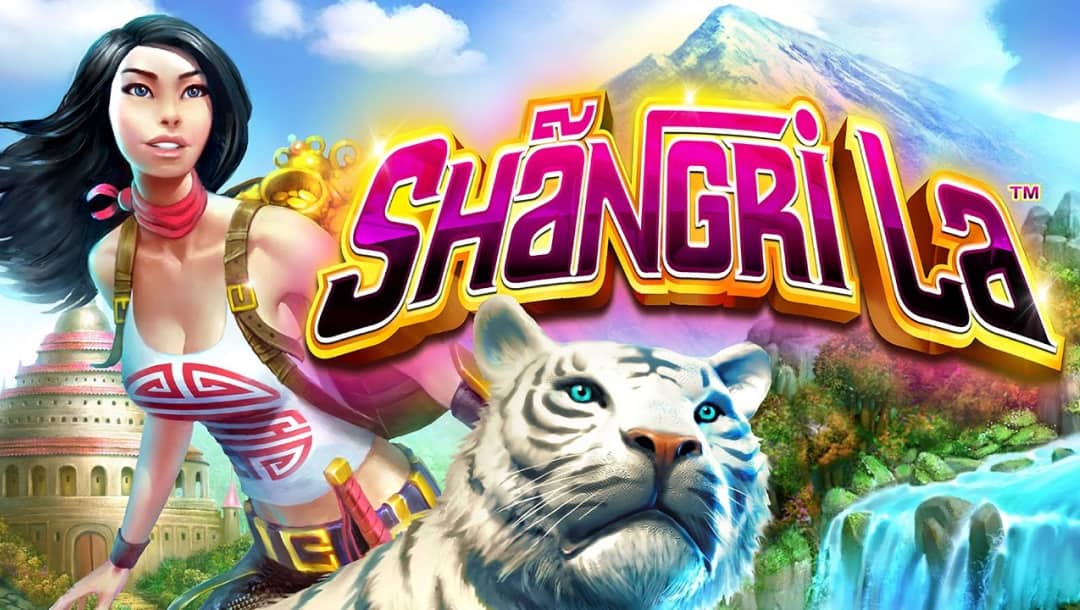 The Shangri La online slot game logo, on a background featuring a white tiger, a female character, a temple, a mountain, and a waterfall.