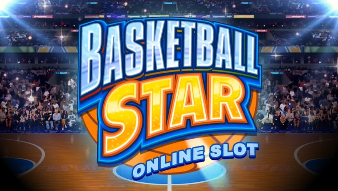 Basketball Star online slot game loading screen, featuring the game logo, and a massive crowd surrounding a basketball court in the background.