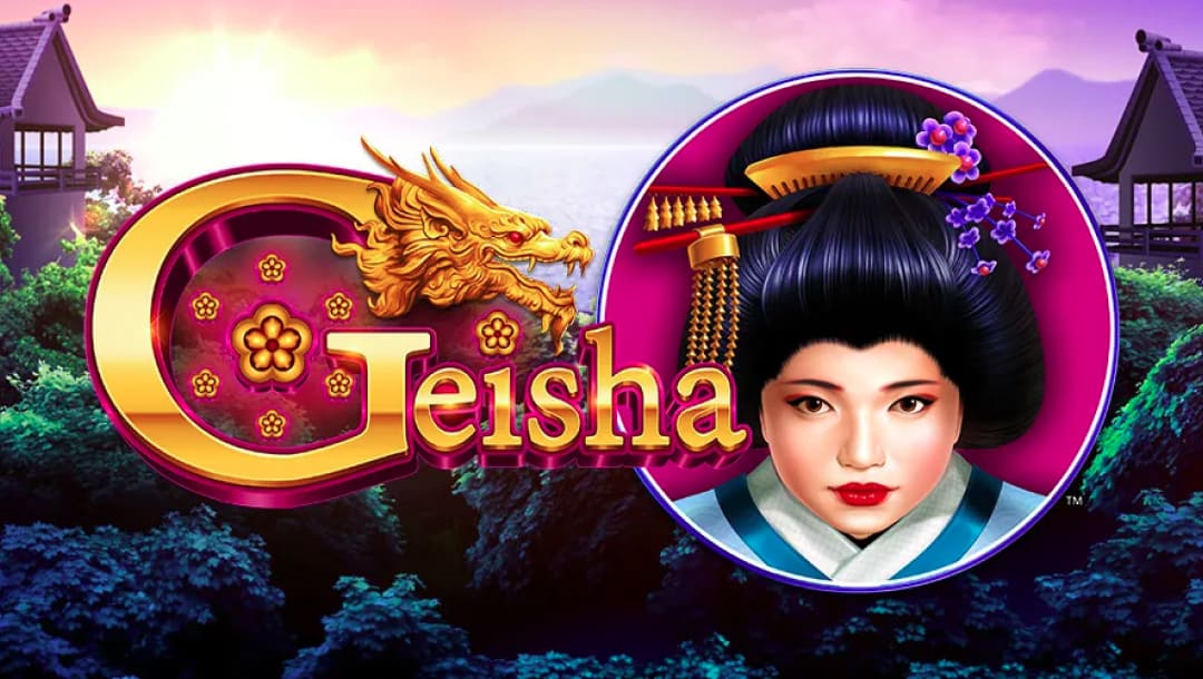 Geisha online slot game loading screen, featuring the game logo, and a traditional Geisha character.