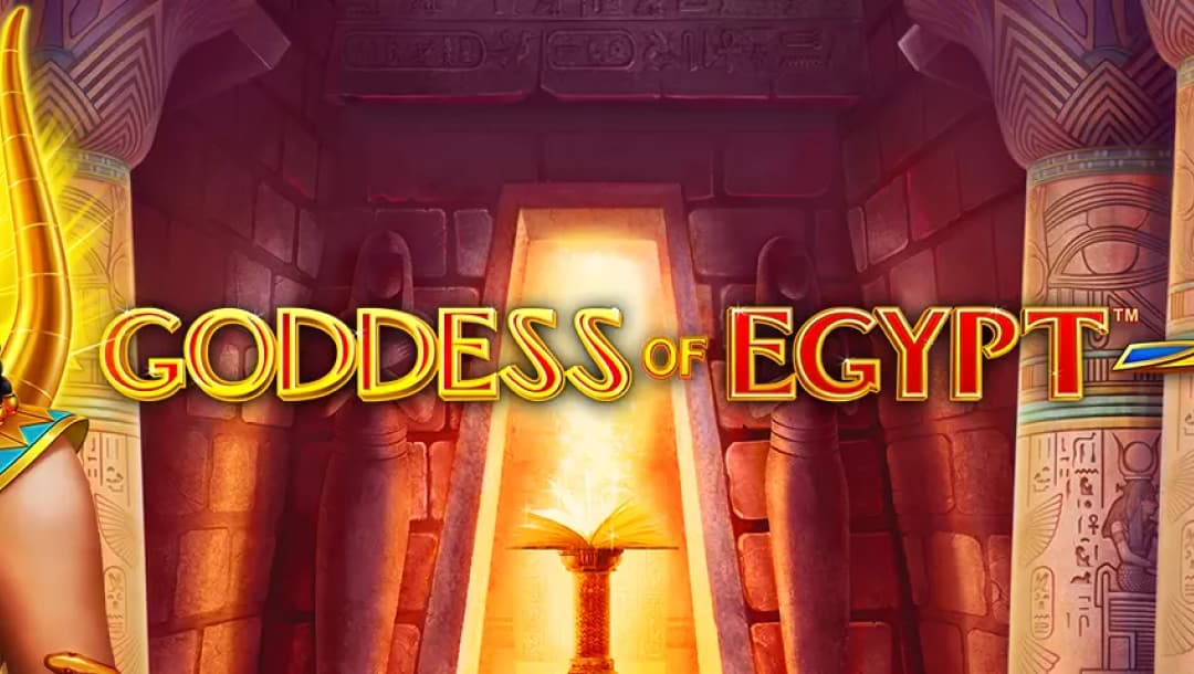 Goddess of Egypt online slot game loading screen, featuring the game logo, and a temple