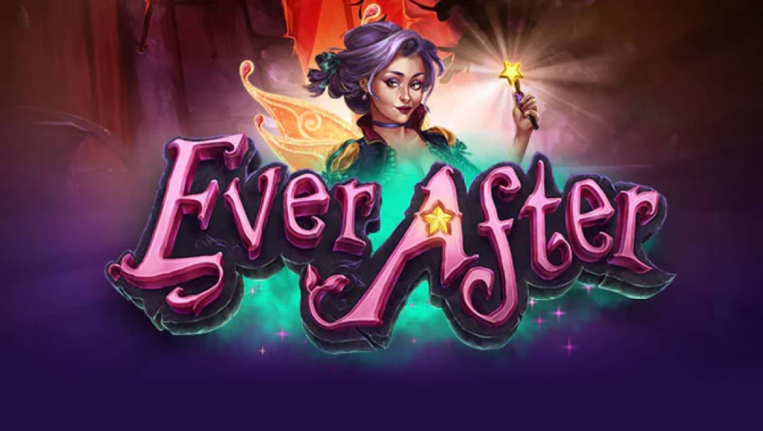 Ever After online slot title designed in purple with a yellow star. Faye the Fairy stands boldly above the logo with her star wand. The background shows a mix of dark colors such as blue, brown and red.