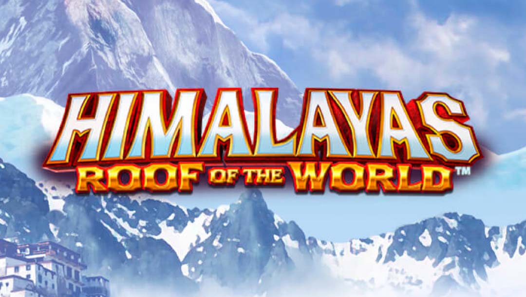 Himalayas: Roof of the World online slot logo in silver and gold against a snowcapped mountainous background with houses in the left corner.