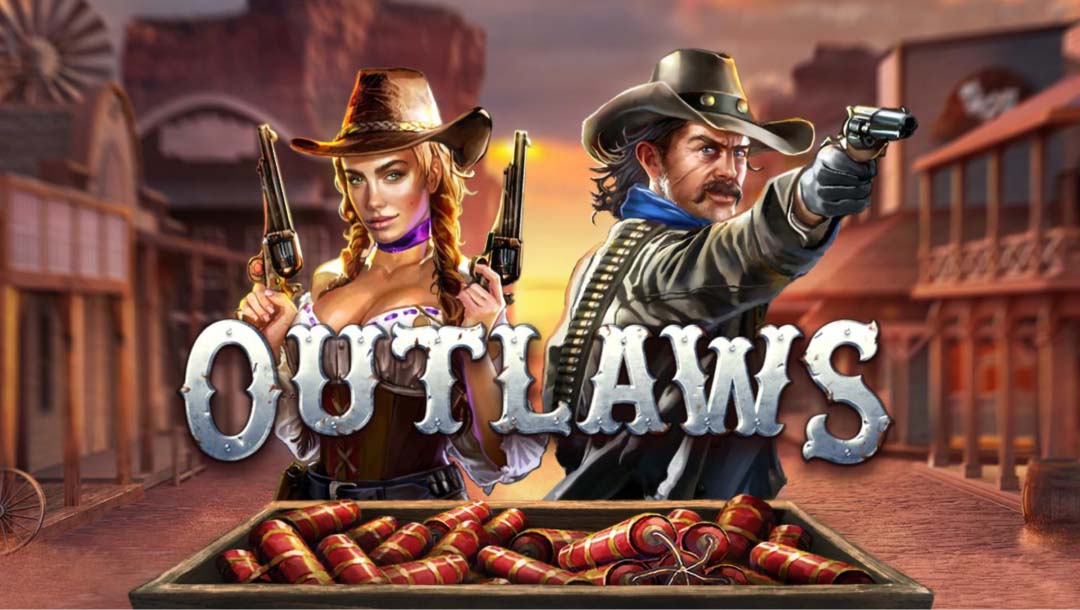 Outlaws online slot with a cowboy and cowgirl holding guns in front of a box of red explosives.