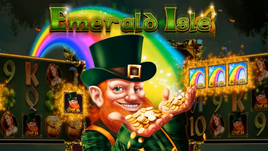 Emerald Isle online slot logo with a leprechaun holding coins while smiling. The background shows a rainbow and two sets of slot reels with Irish-themed symbols, such as pots of gold, a leprechaun, a woman, and rainbows.