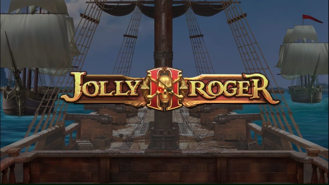 Jolly Roger 2 online slot game loading screen, featuring the game logo, and pirate ships in the background.