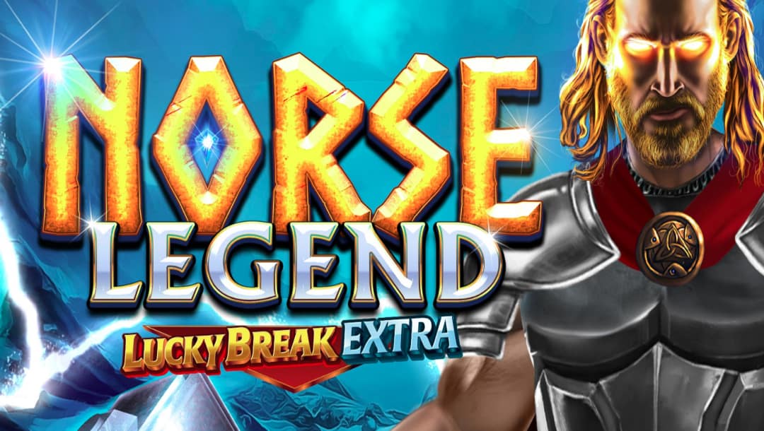 The title screen for the Norse Legend slot, featuring Thor standing next to the game logo with his eyes lit up and lightning sparking off of his hammer on an icy backdrop.