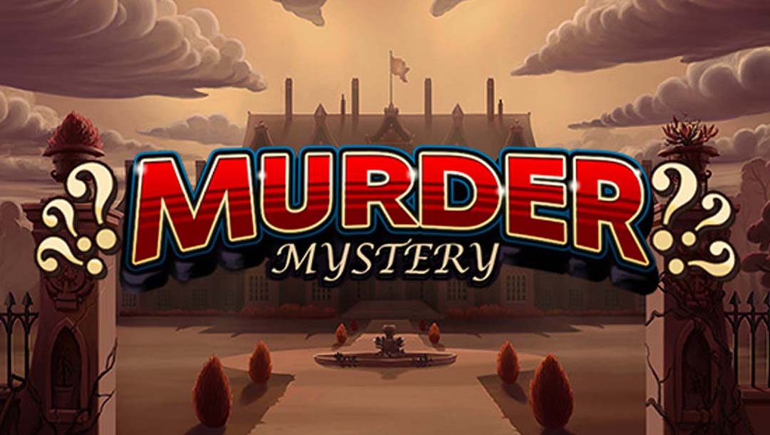 A screenshot of the Murder Mystery slot title screen. The word “murder” is written in a bold red font with multiple question marks on either side. The word “mystery” is written in a cursive font below the word “murder”. The background is a luxury estate house with a driveway leading to a fountain. The background is portrayed using a gray and brown color palette.