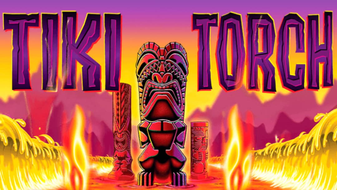 Tiki Torch online slot game loading screen, featuring the game logo, and tiki masks.