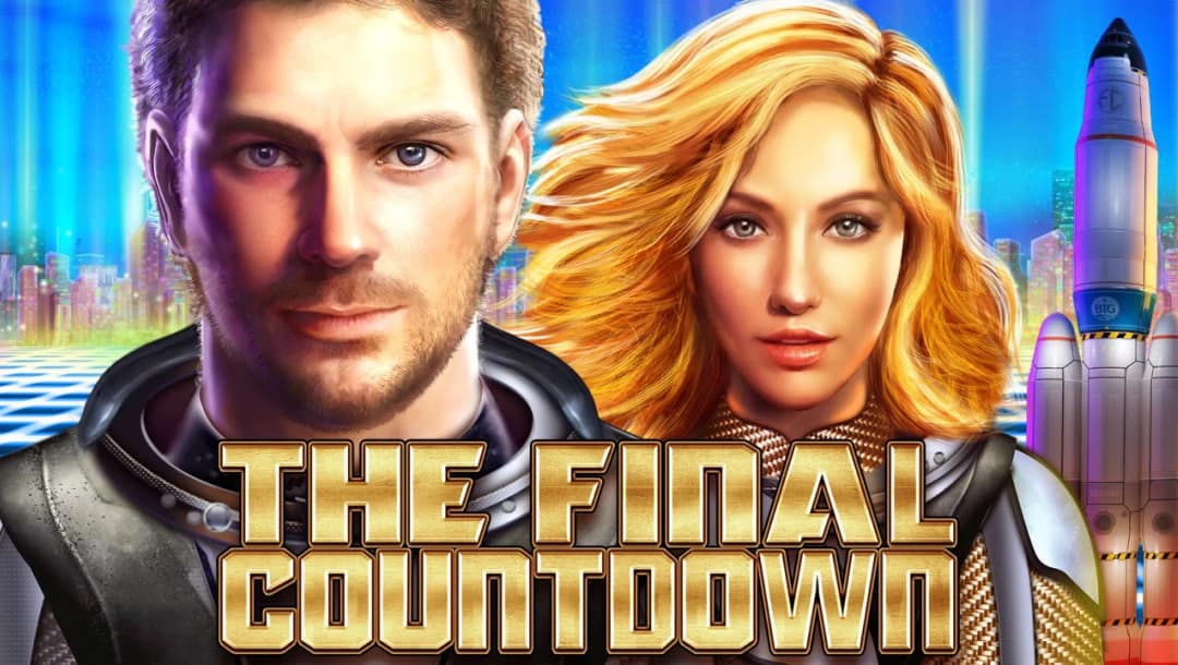 The Final Countdown online slot game loading screen, featuring two astronauts and a rocketship in the background.
