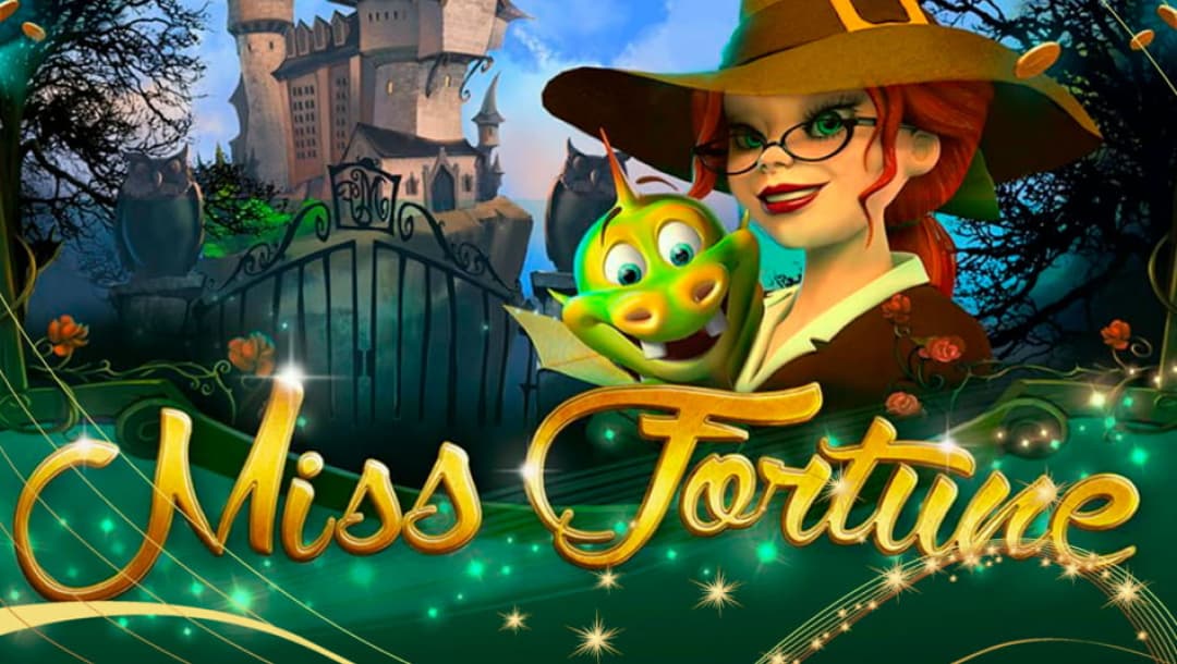Miss Fortune online slot game loading screen, featuring the game logo, Miss Fortune holding a dragon, and a castle in the background.