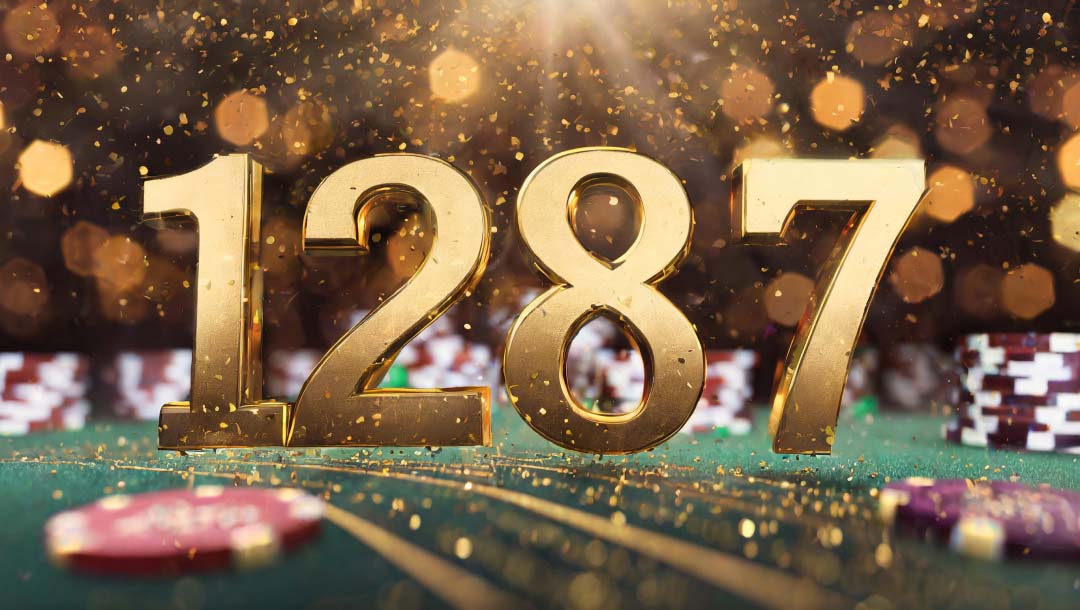 The numbers 1287 in gold are displayed on a casino green felt table with casino chips and gold dust.