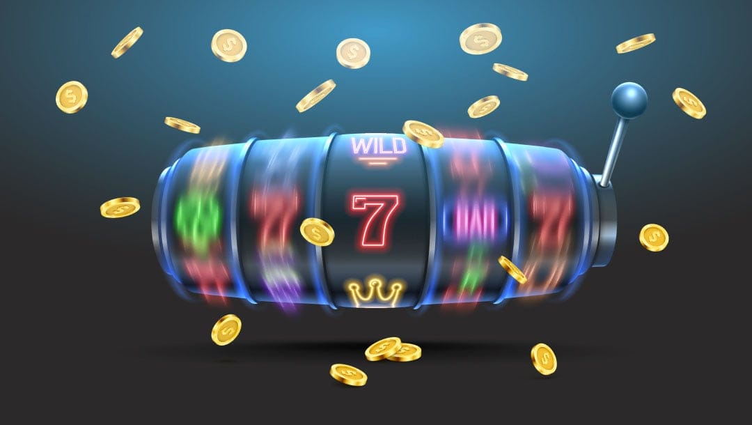 A slot machine illustration, showing the number 7 and gold coins.
