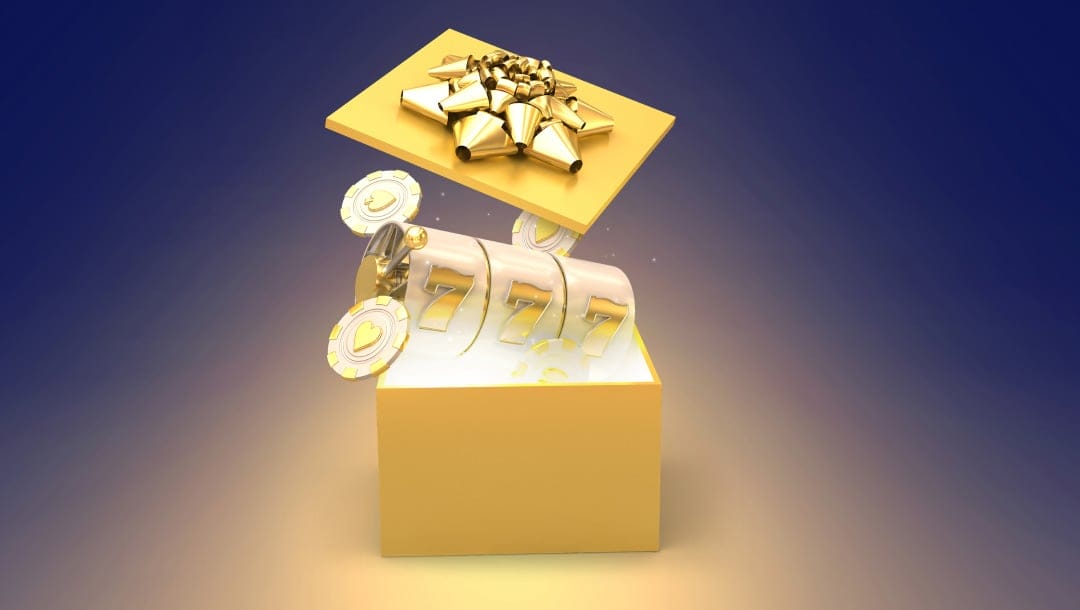 A gold gift box filled with gold and white triple seven reels and casino chips against a purple background.