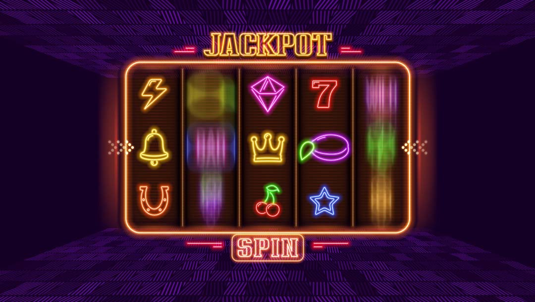 Illustration of a slot game, with reels spinning, and neon slot symbols.