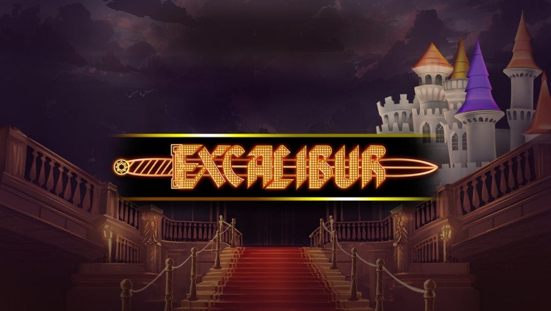 Excalibur online slot title in gold with a sword through the font. The background contains a dark sky and an off-white castle with purple and orange. The interior contains a grand foyer designed with wood and a red and gold grand staircase.