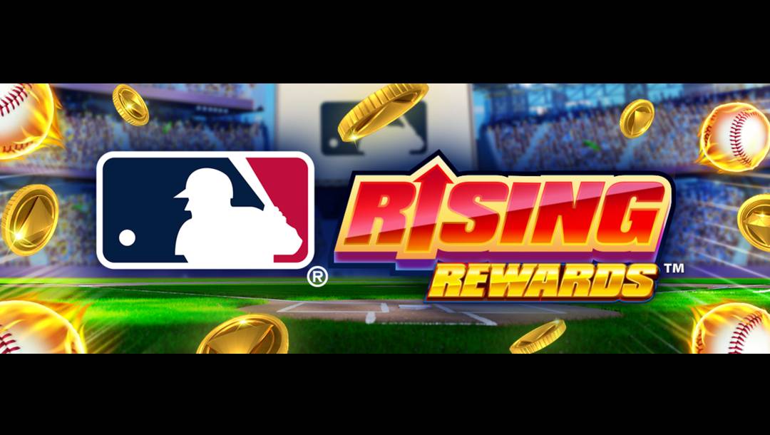 The title screen for MLB Rising Rewards. The MLB logo and the game logo are set against a baseball stadium backdrop, surrounded by flying gold coins and baseballs on fire.