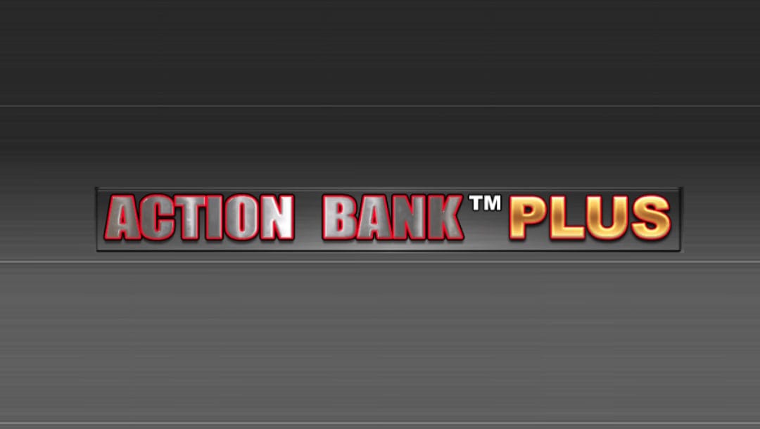 The title screen of Action Bank Plus. The words “Action Bank Plus” are set against a silver metal sheet. The words are surrounded by two outlines, the one is red and the one, black.