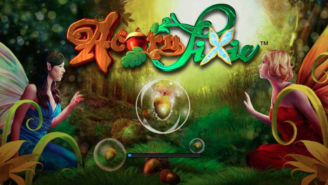 Acorn Pixie online slot featuring two pixies in a forest reaching for floating acorns beneath the game name, written in a wood and leaf-style font and color.